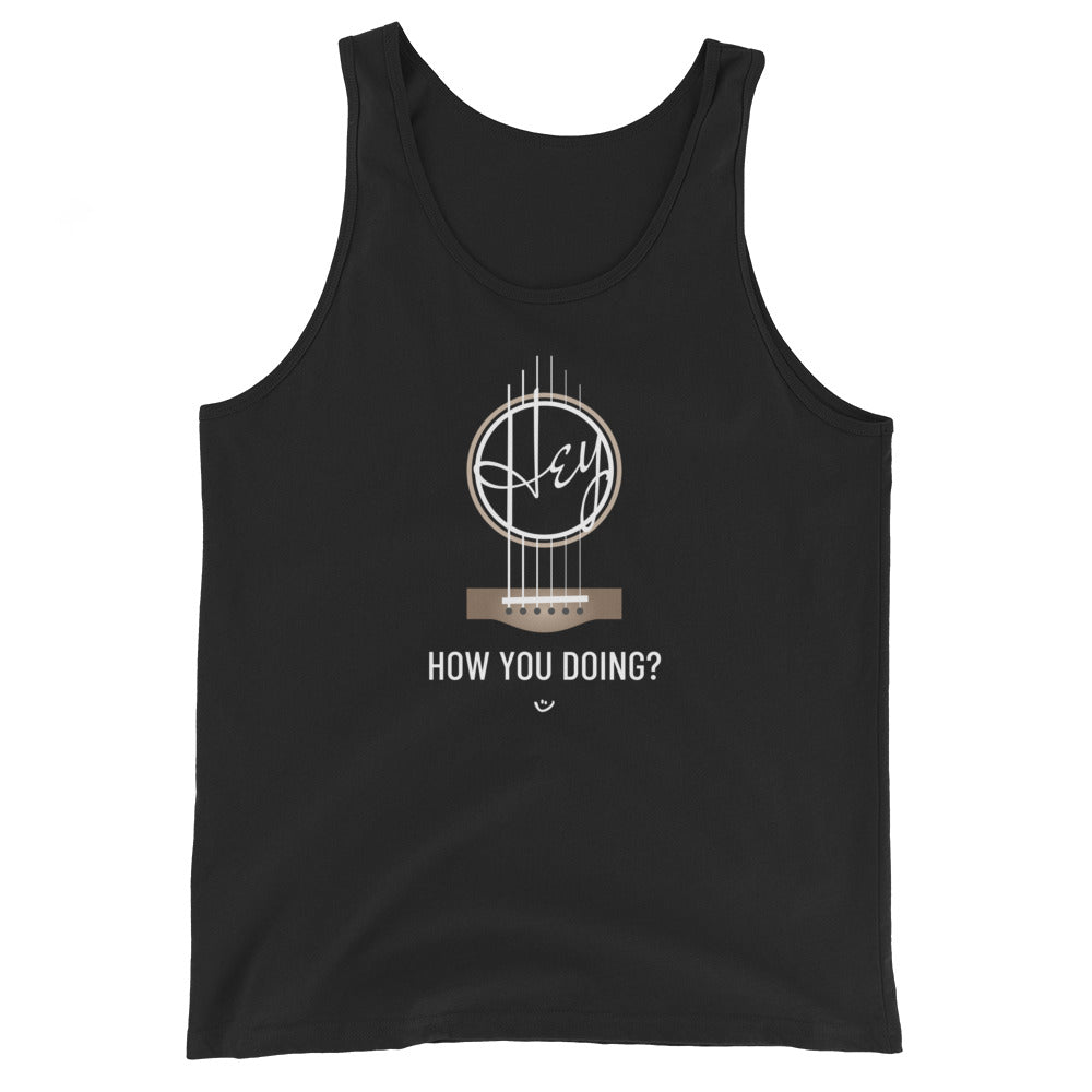 Black tank top with 'Hey, How you doing? guitar design.
