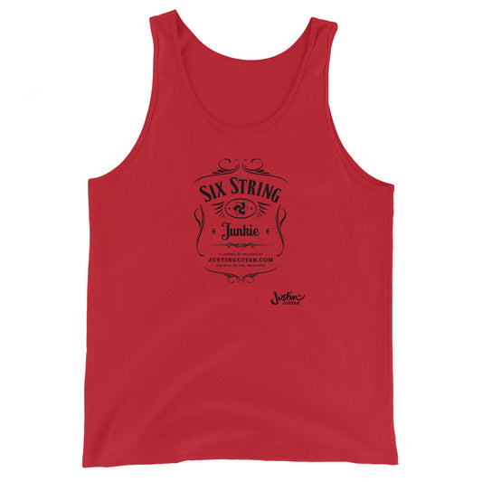 Red tank top with six string junkie design.