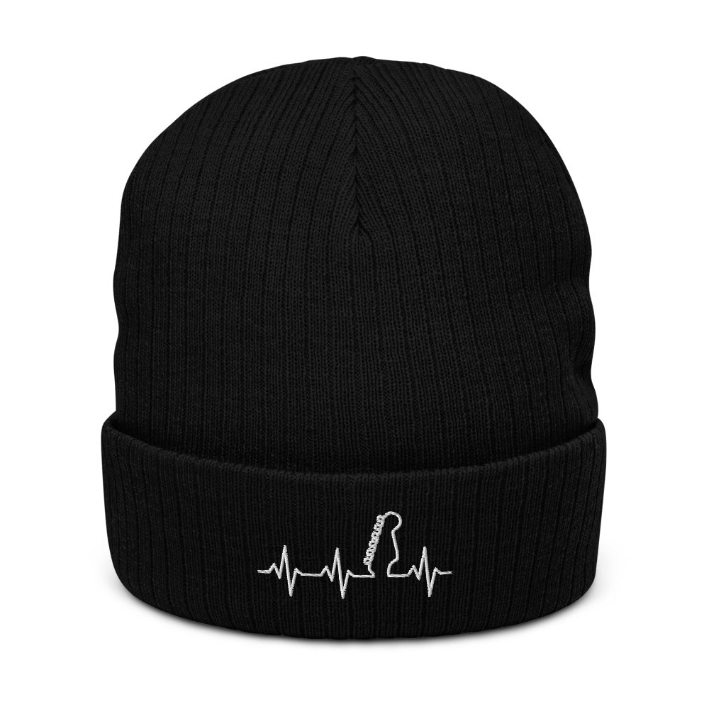 Black hat with guitar heartbeat design.