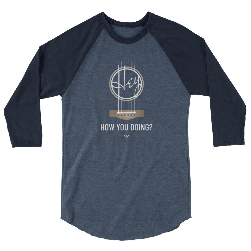Navy Raglan shirt with 'Hey, How you doing? guitar design.