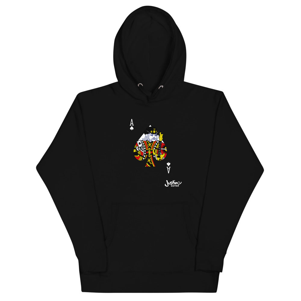 Black Unisex Hoodie with Ace of Spades guitar player design.