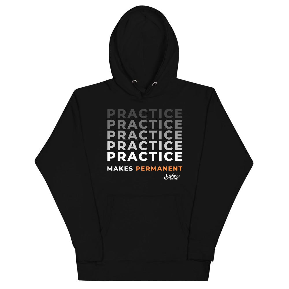 Black hoodie with 'Practice makes permanent' design.