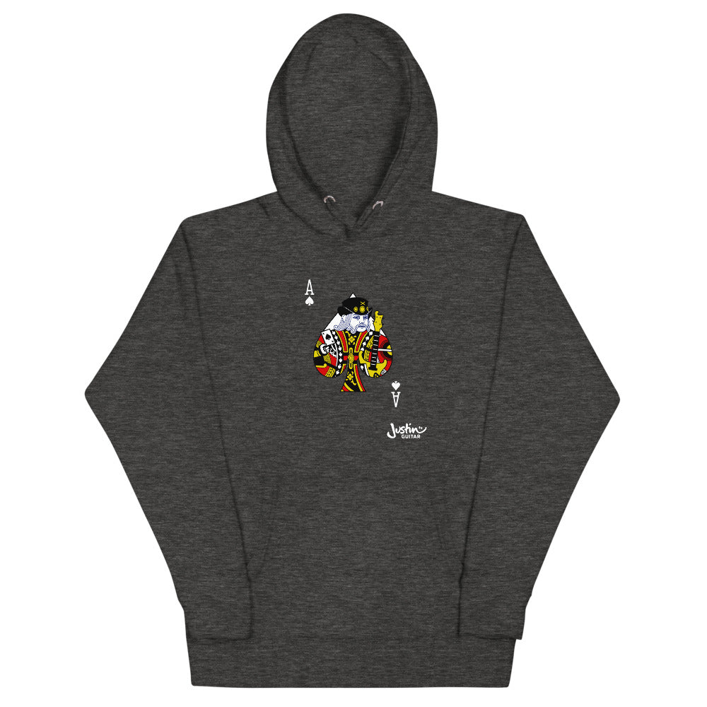 Grey Unisex Hoodie with Ace of Spades guitar player design.
