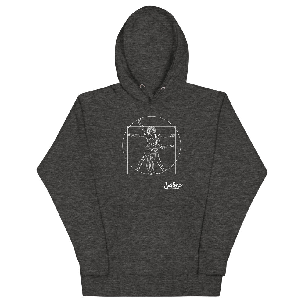 Charcoal heather hoodie with a design of Da Vinci playing the electric guitar.