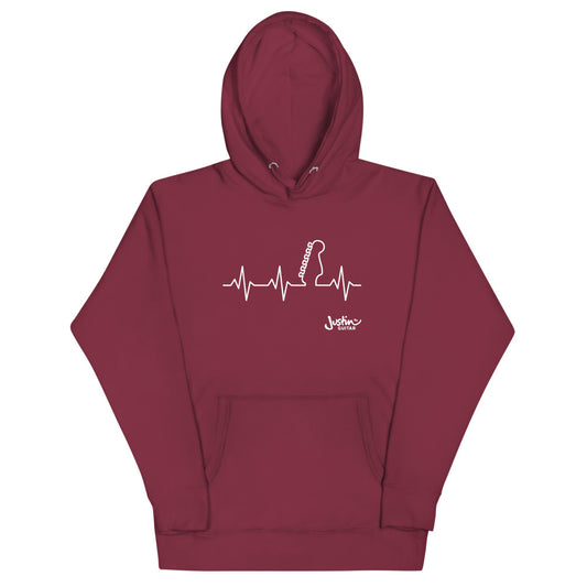 Maroon hoodie with guitar heartbeat design.