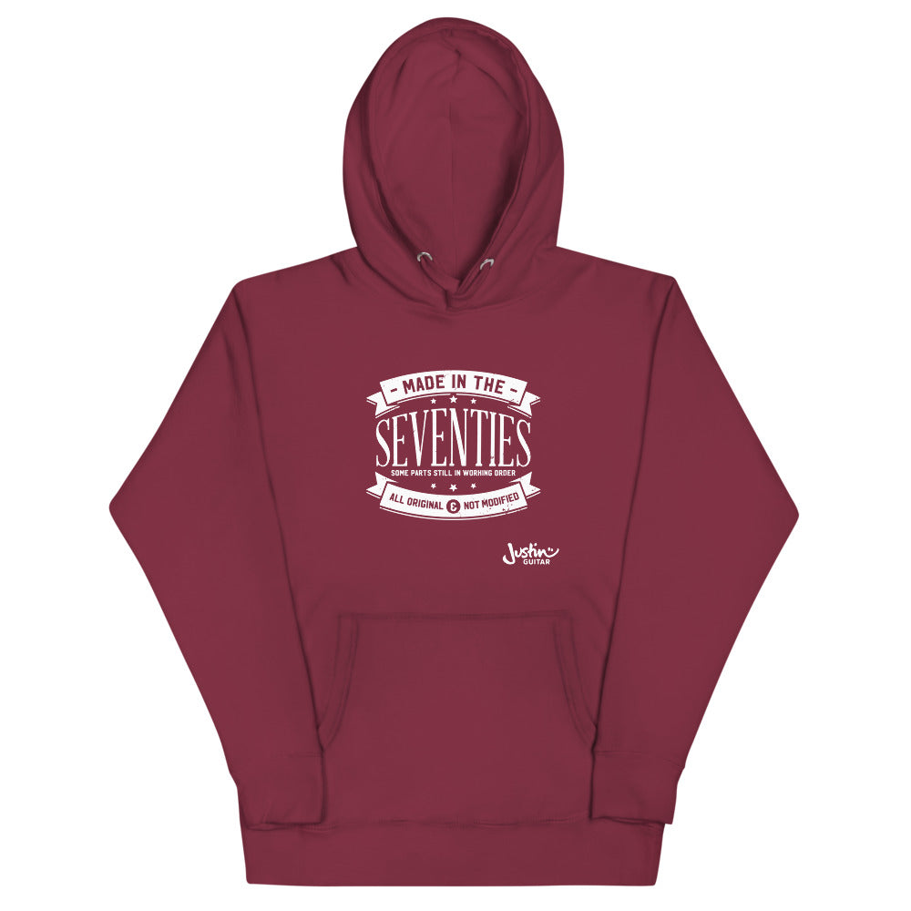 Maroon hoodie with 'made in the seventies' design.