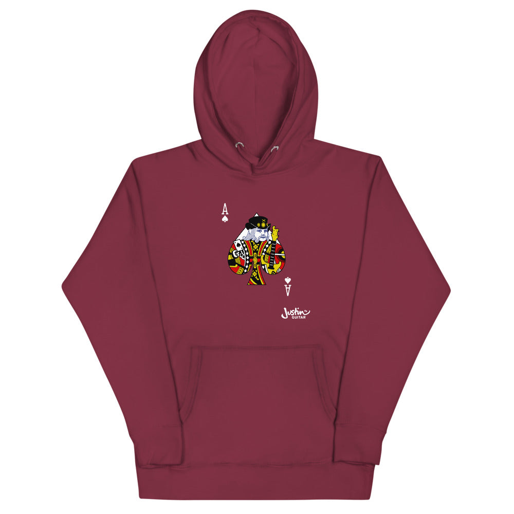 Maroon Unisex Hoodie with Ace of Spades guitar player design.