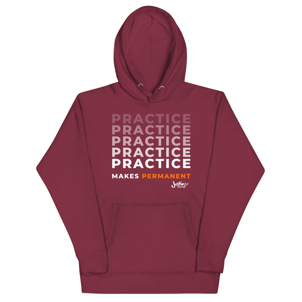 Maroon hoodie with 'Practice makes permanent' design.