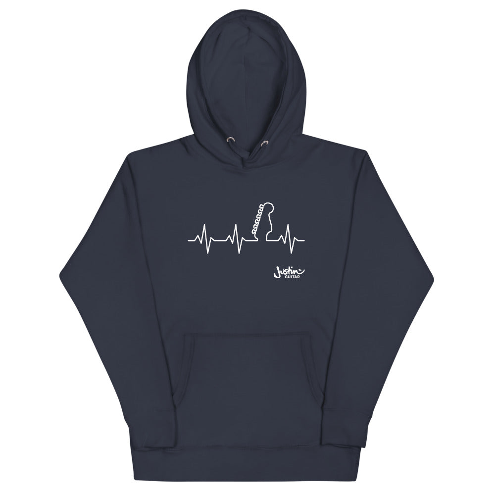 Navy hoodie with guitar heartbeat design.