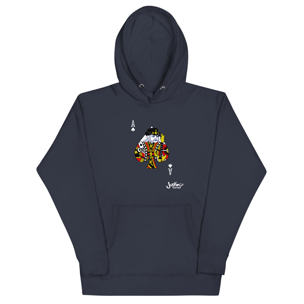 Navy Unisex Hoodie with Ace of Spades guitar player design.
