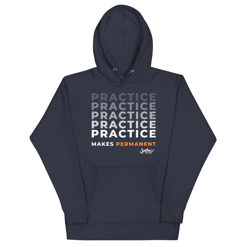 Navy hoodie with 'Practice makes permanent' design.