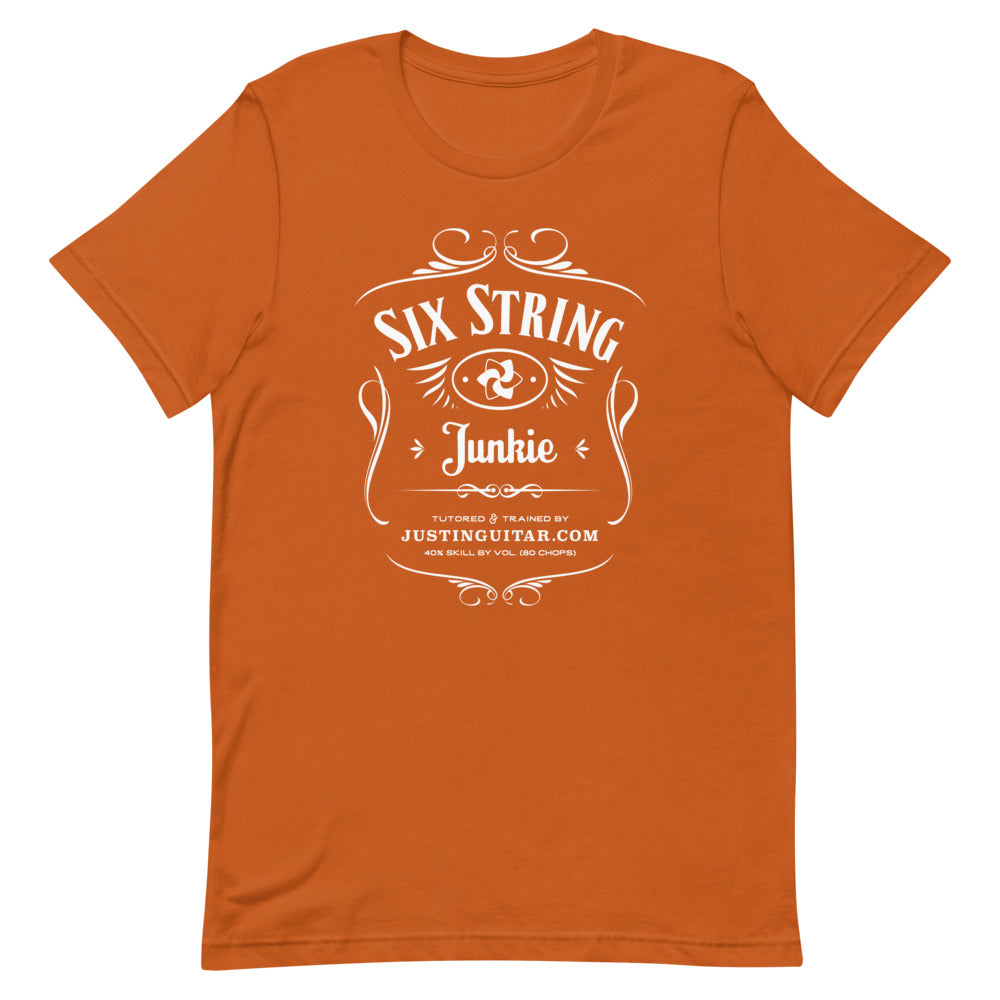 Orange tshirt with six string junkie design.