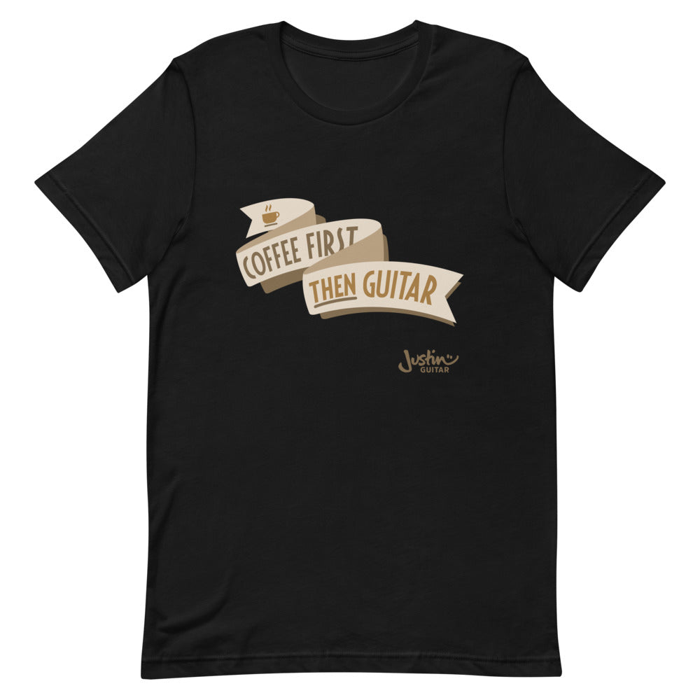 Black tshirt with 'Coffee First, then guitar' design.
