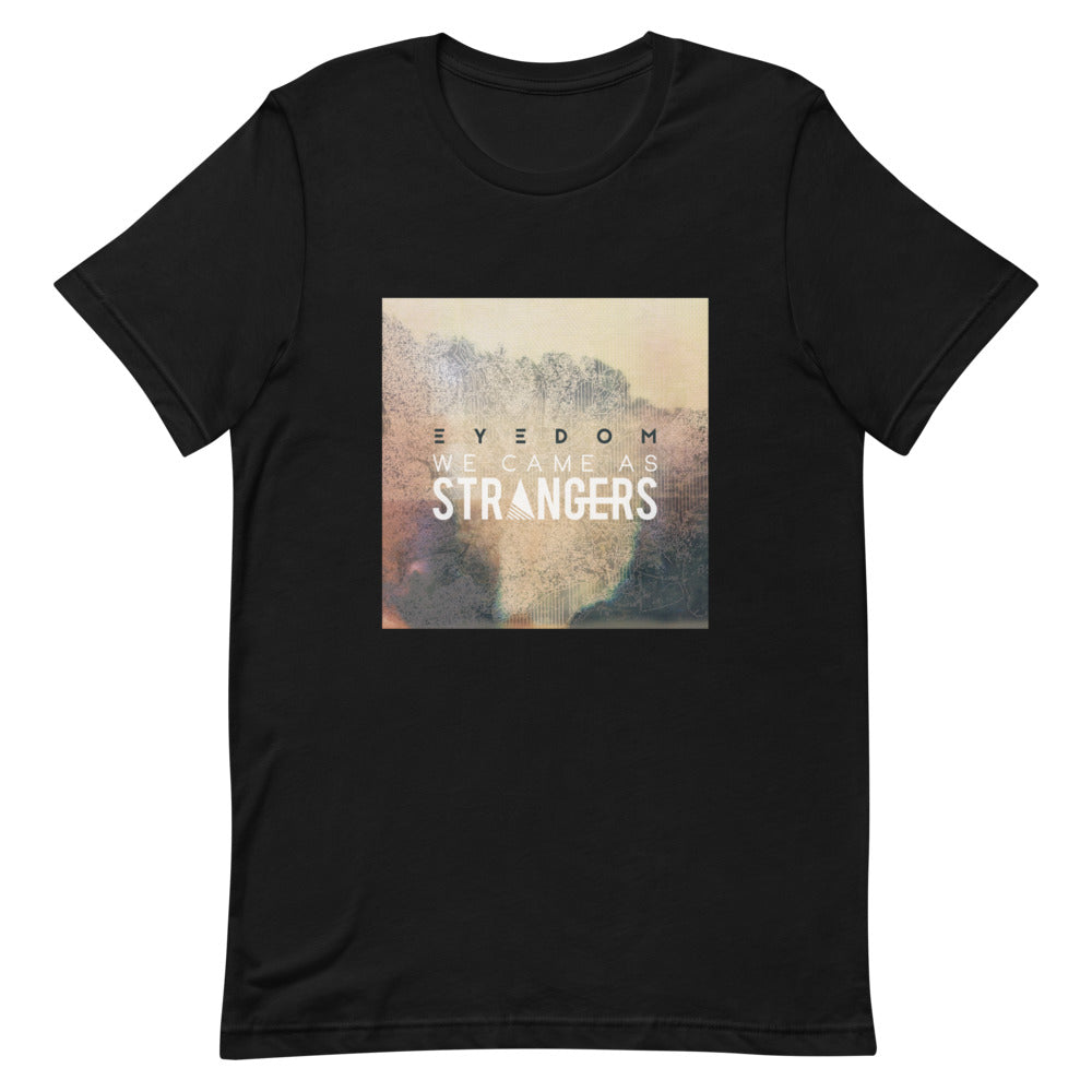 Black tshirt with We Came As Strangers Eyedom album design. 
