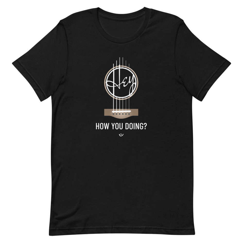 Black tshirt with with 'Hey, How you doing? guitar design.