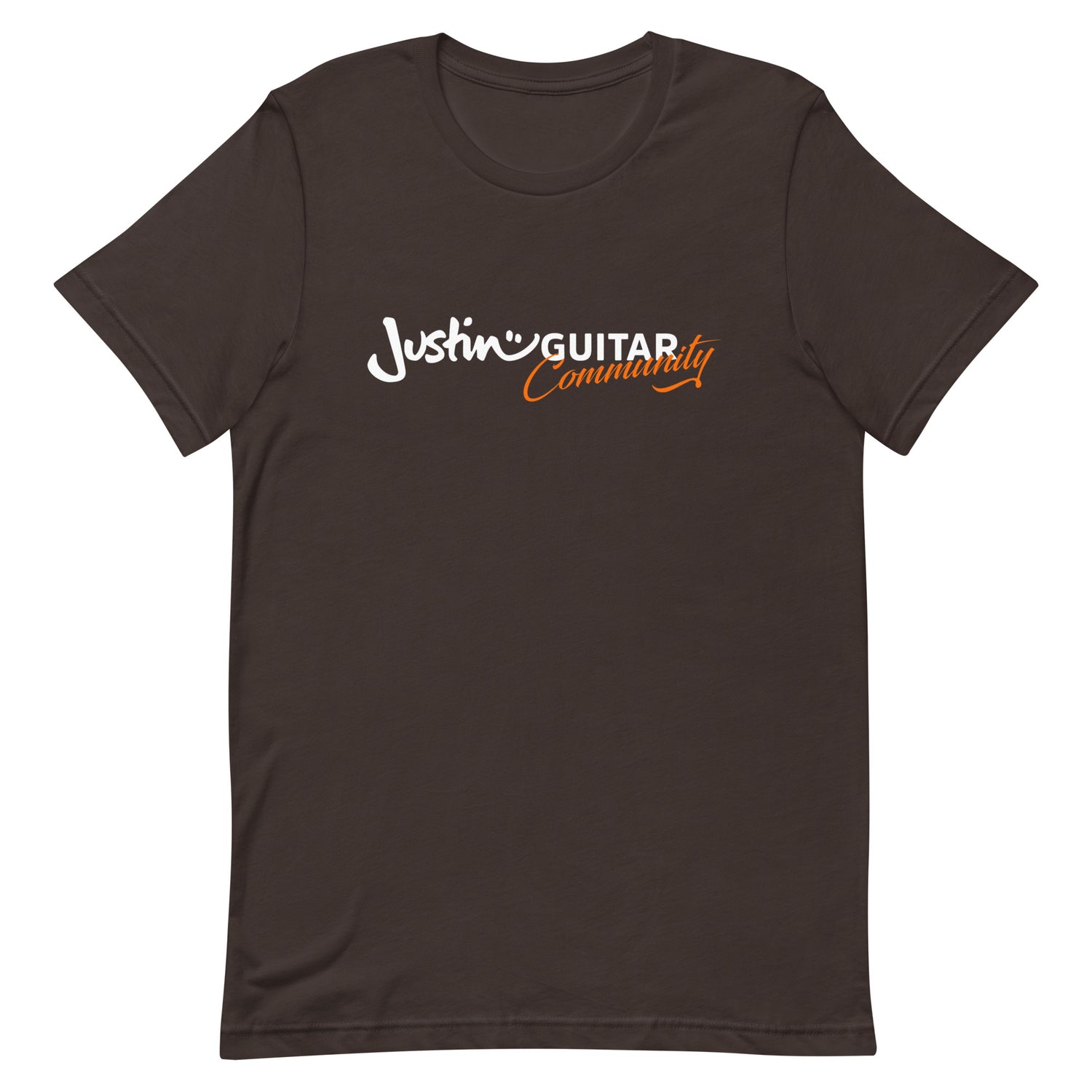Brown tshirt with JustinGuitar Community logo.