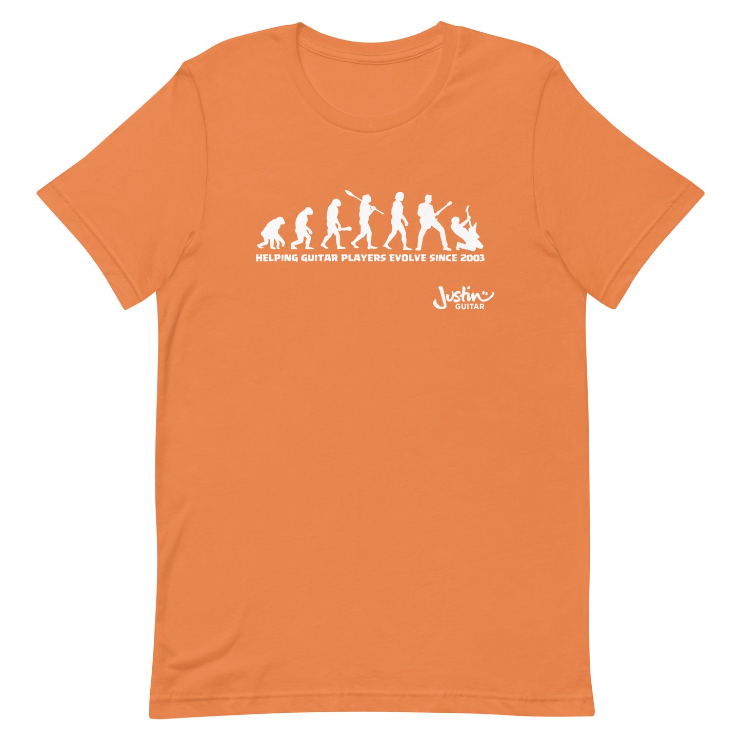 Orange Tshirt with funny design of evolving guitar players through time.