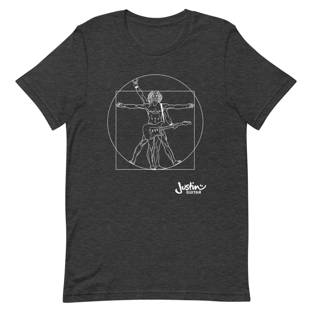 Grey heather T-Shirt with a design of Da Vinci playing the electric guitar.