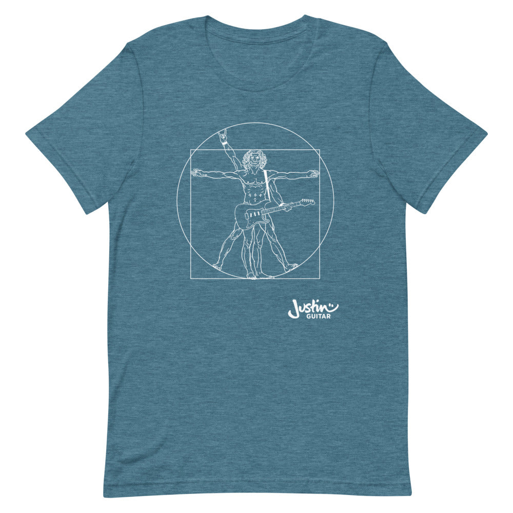 Teal T-Shirt with a design of Da Vinci playing the electric guitar.