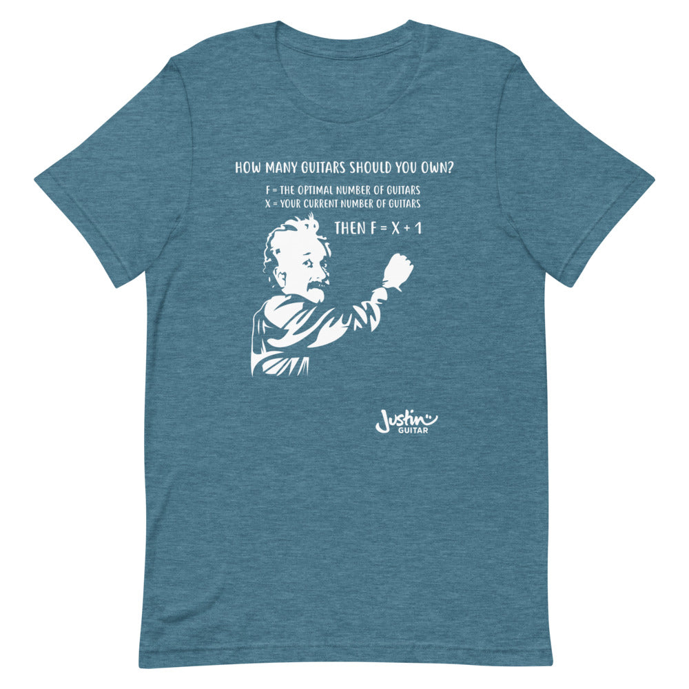 Teal Tshirt with design featuring Einstein calculating how many guitars a guitar lover should own.