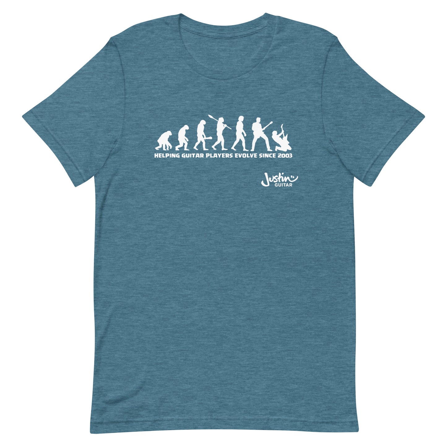 Deep teal Tshirt with funny design of evolving guitar players through time. 