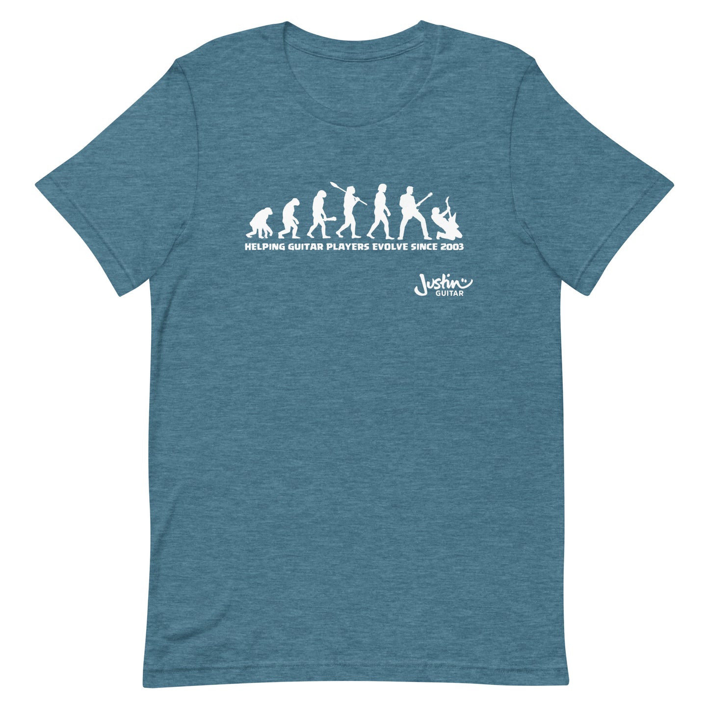 Deep teal Tshirt with funny design of evolving guitar players through time.