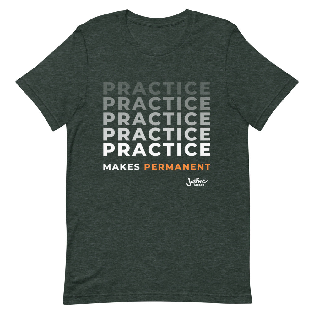 Green tshirt with 'Practice makes permanent' design.