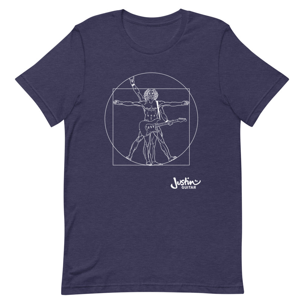 Midnight Navy T-Shirt with a design of Da Vinci playing the electric guitar.