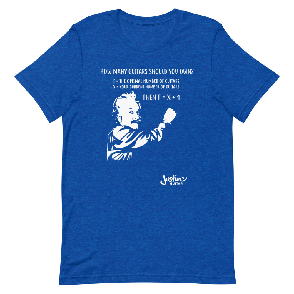Royal Blue Tshirt with design featuring Einstein calculating how many guitars a guitar lover should own.