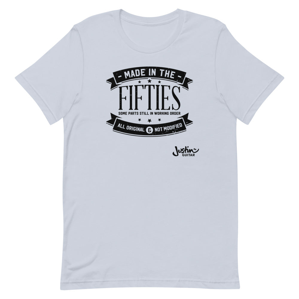 Light blue tshirt with design that says made in the fifties.