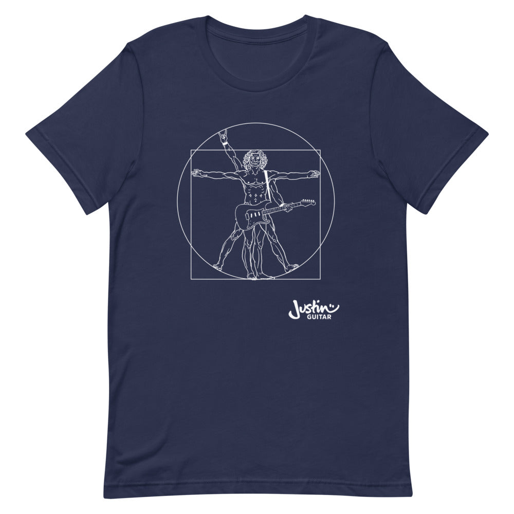 Navy T-Shirt with a design of Da Vinci playing the electric guitar.
