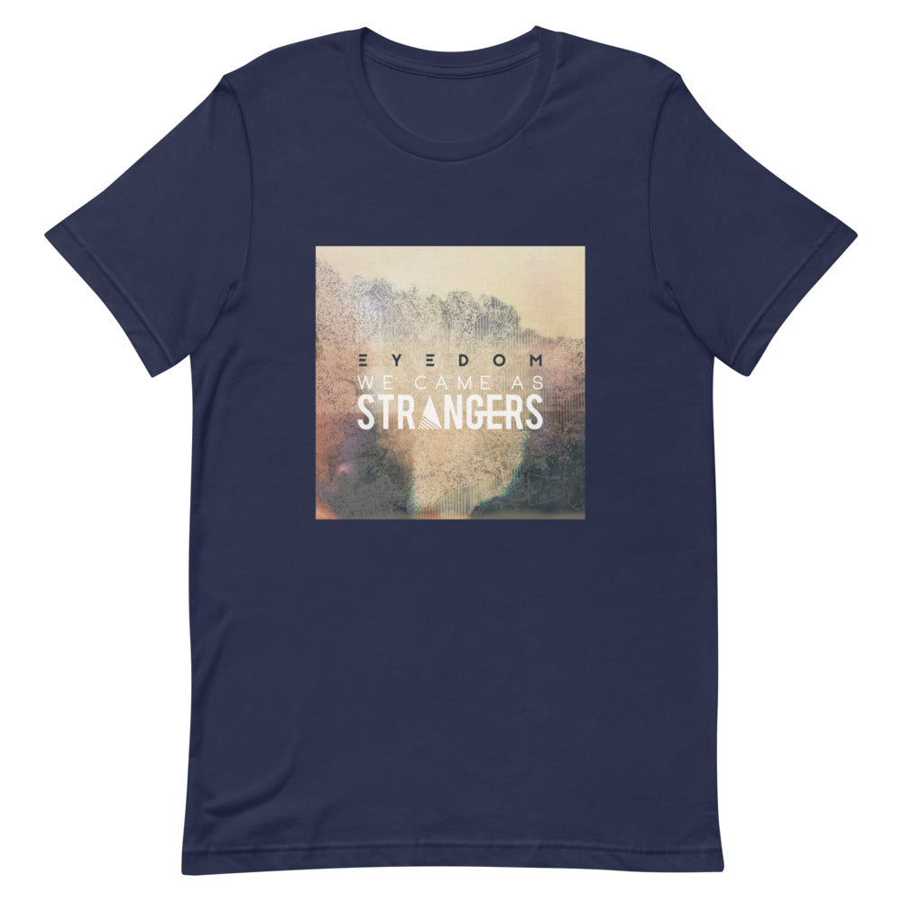 Navy tshirt with We Came As Strangers Eyedom album design. 