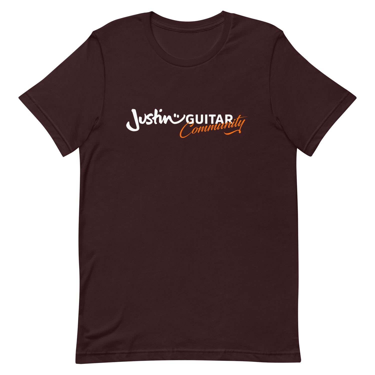 Oxblood tshirt with JustinGuitar Community logo.