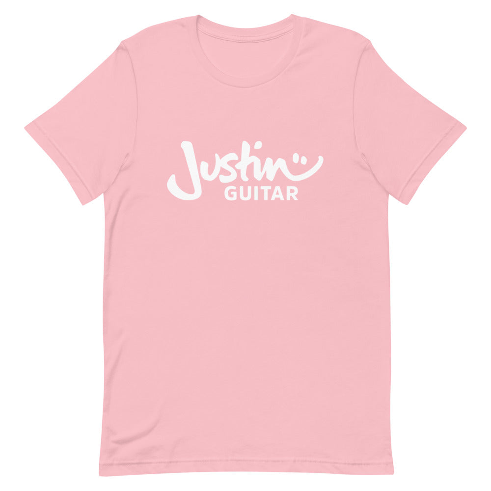 Pink tshirt with JustinGuitar logo.