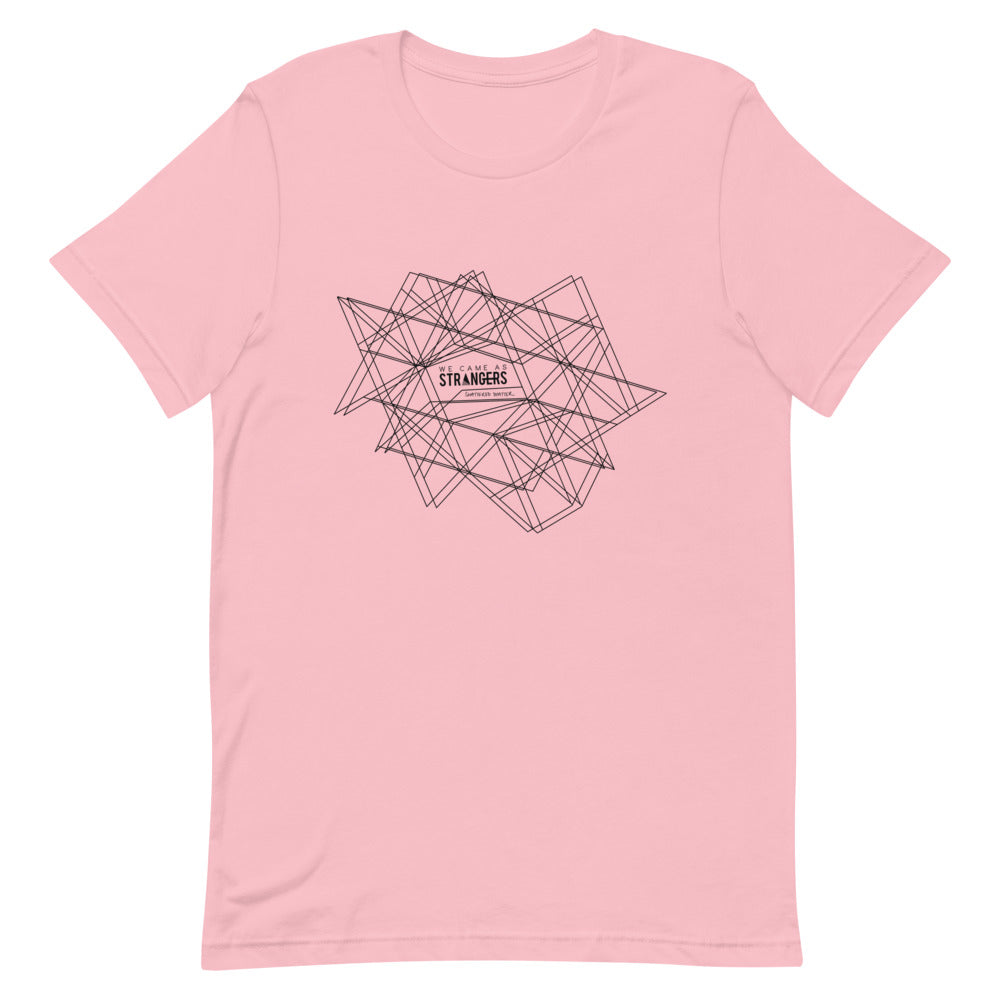 Pink tshirt with We Came As Strangers' Shattered Mind Album cover design.