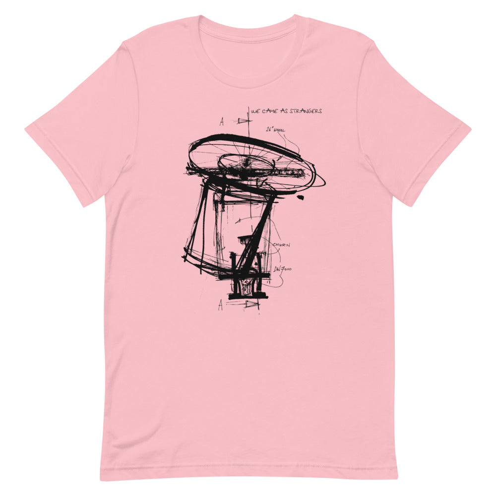 Pink tshirt with We Came As Strangers bike design.