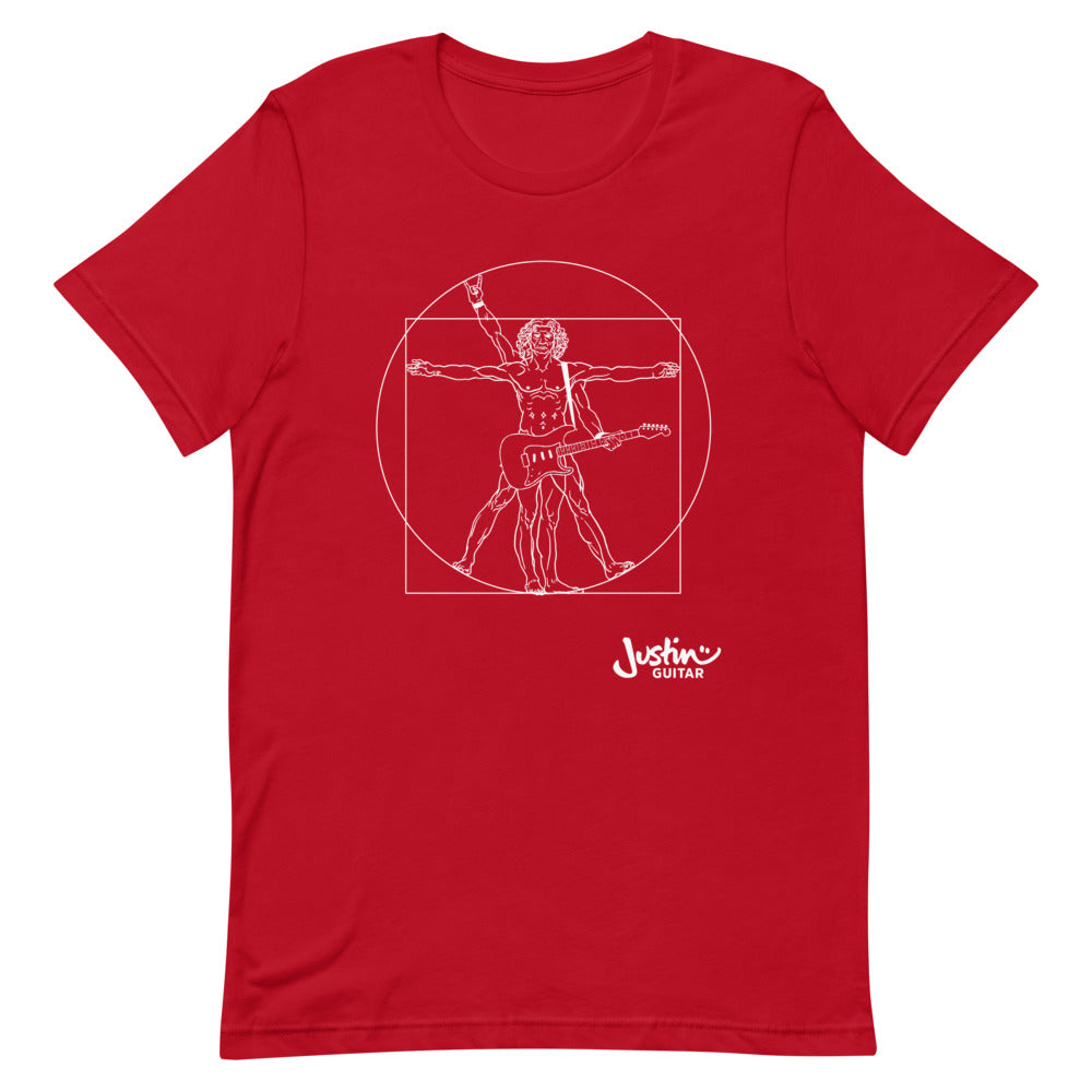 Red T-Shirt with a design of Da Vinci playing the electric guitar.