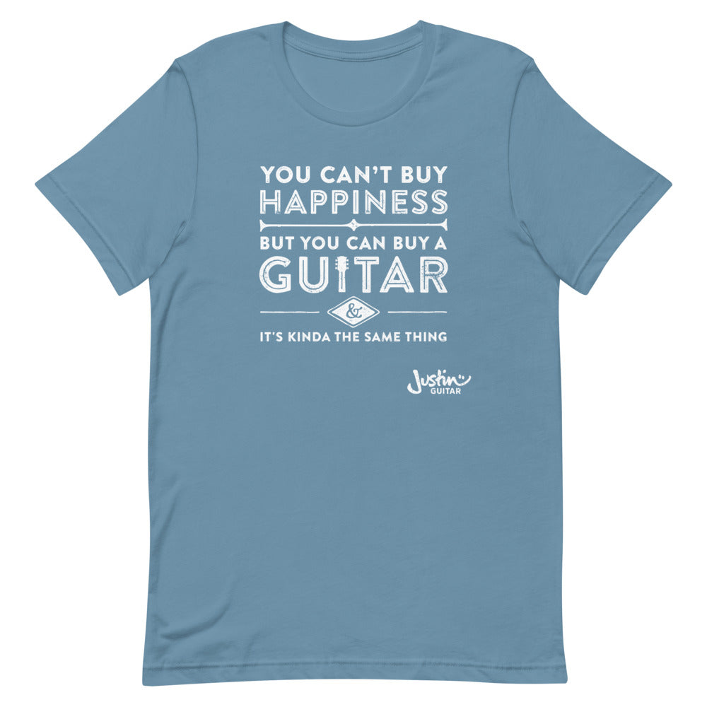 Steel blue tshirt with designs stating 'you can't buy happiness, but you can buy a guitar & it's kinda the same thing'