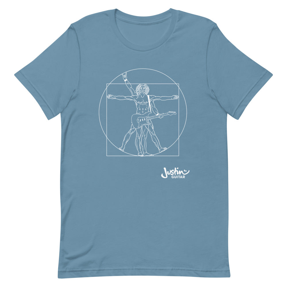 Steel blue T-Shirt with a design of Da Vinci playing the electric guitar.