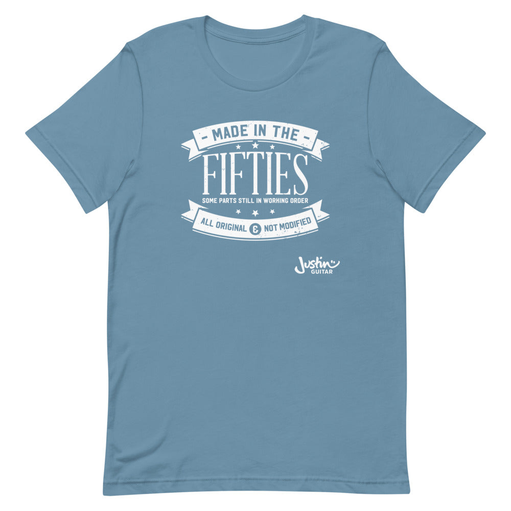 Steel blue tshirt with design that says made in the fifties.