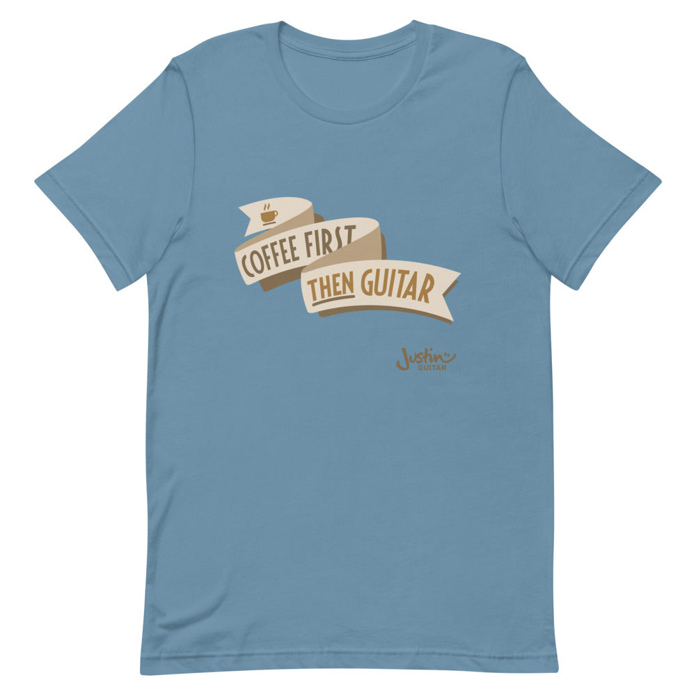 Steel blue tshirt with 'Coffee First, then guitar' design.
