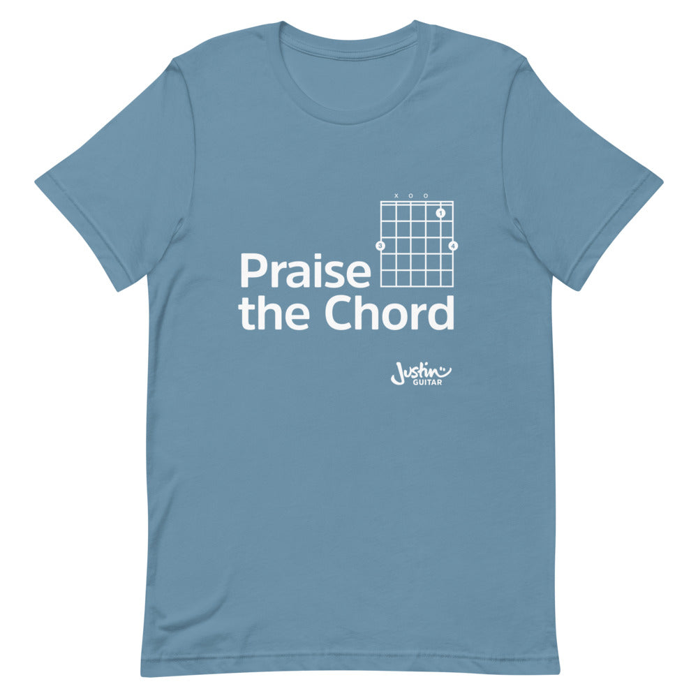 Blue steel tshirt with 'praise the chord' guitar chord design.