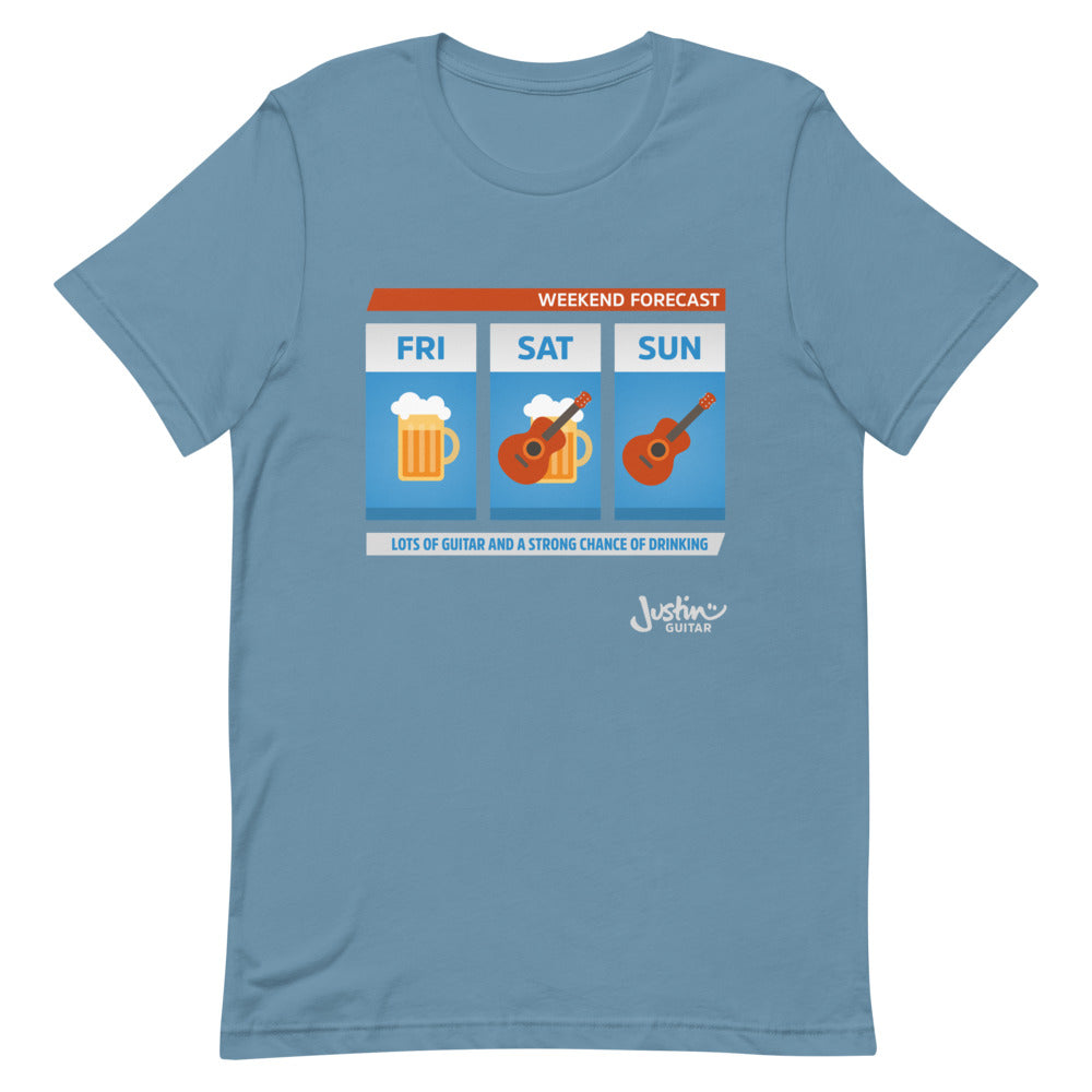 Blue steel tshirt with weekend forecast design showing lots of guitar and a strong change of drinking.