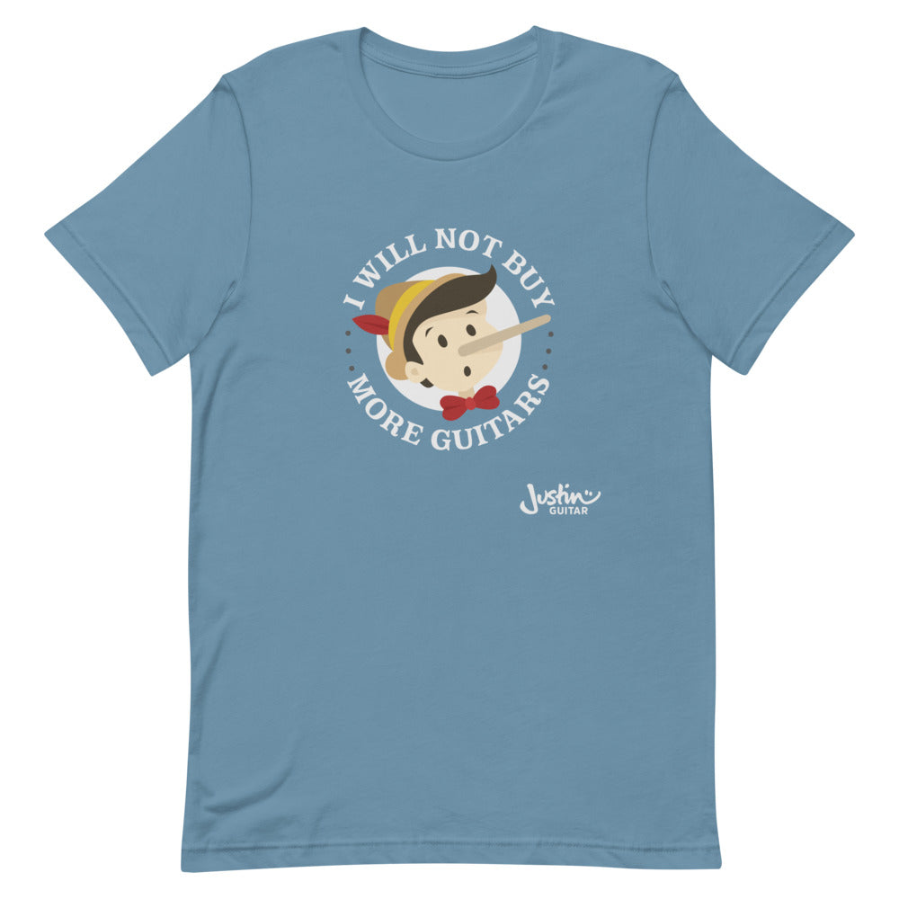 Steel blue tshirt featuring 'I will not buy more guitars' Pinocchio design.