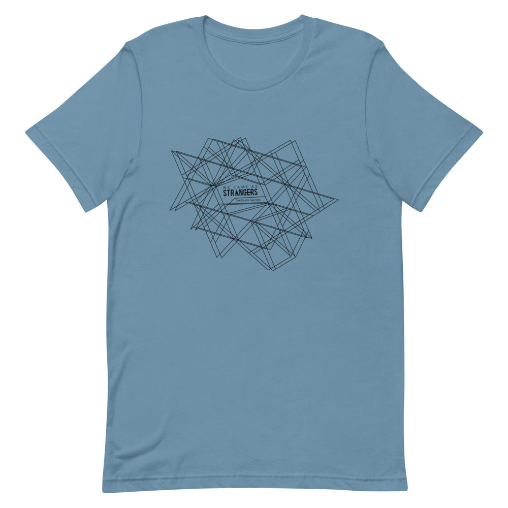 Steel blue tshirt with We Came As Strangers' Shattered Mind Album cover design.