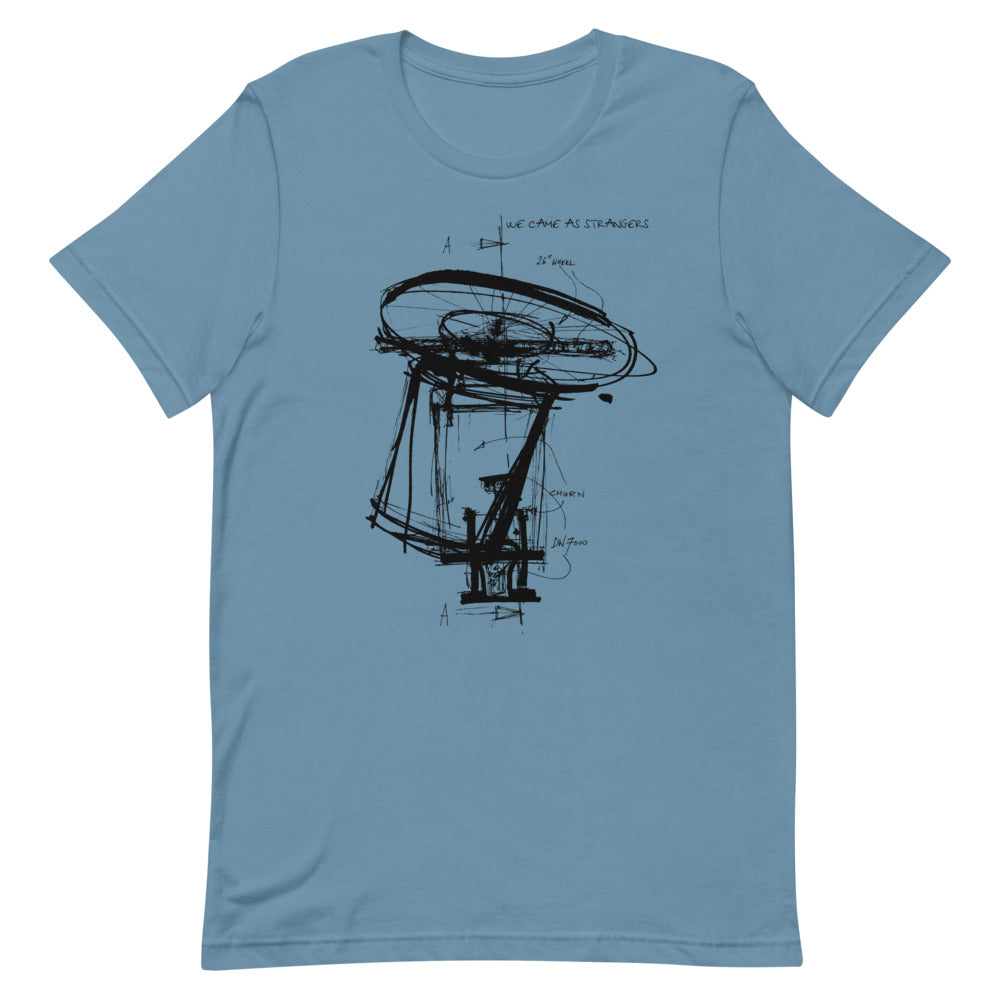 Steel blue tshirt with We Came As Strangers bike design.