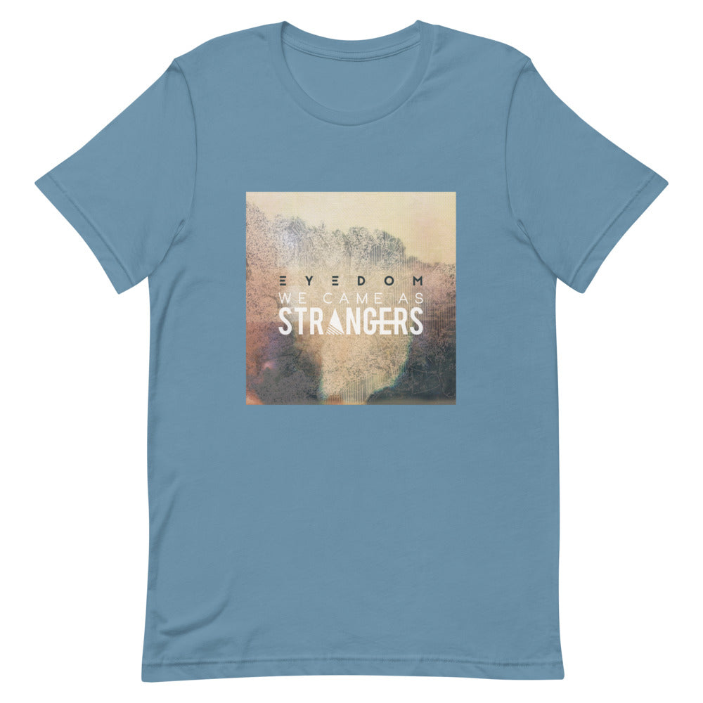 Steel blue tshirt with We Came As Strangers Eyedom album design. 