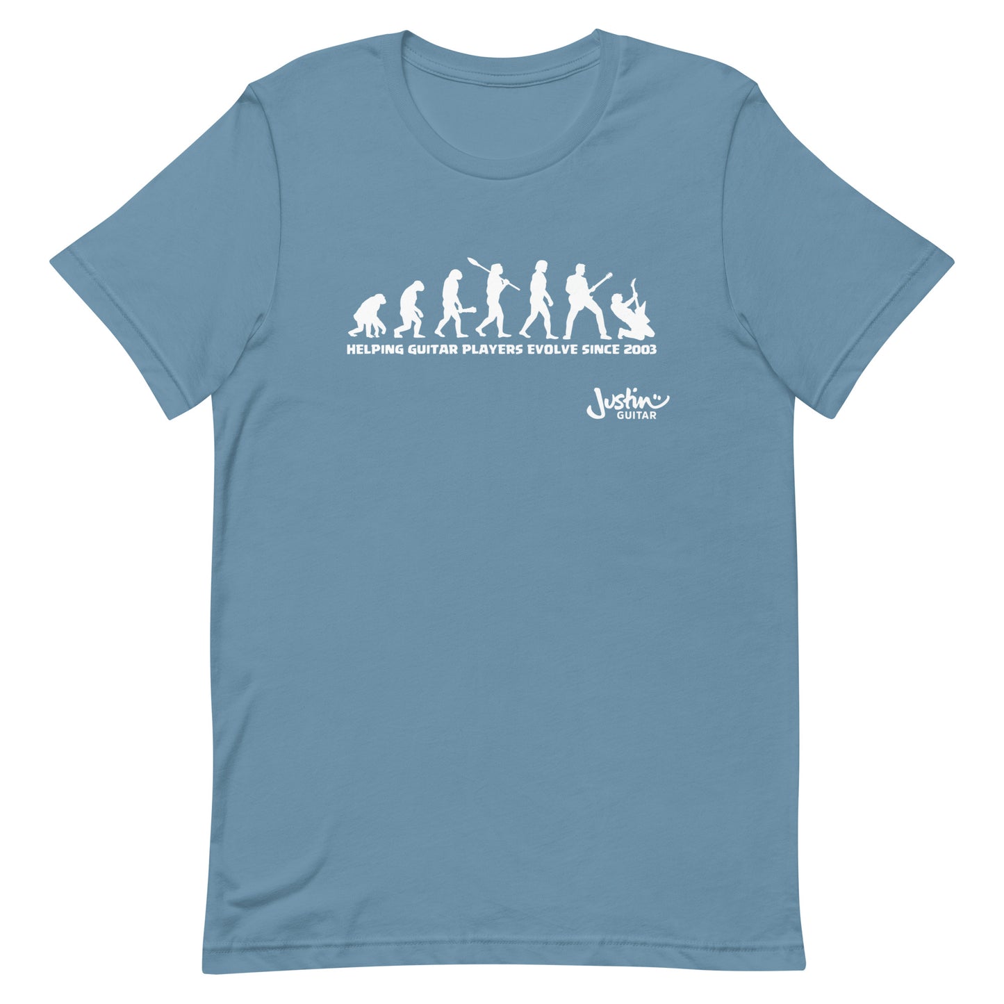 Steel blue Tshirt with funny design of evolving guitar players through time.