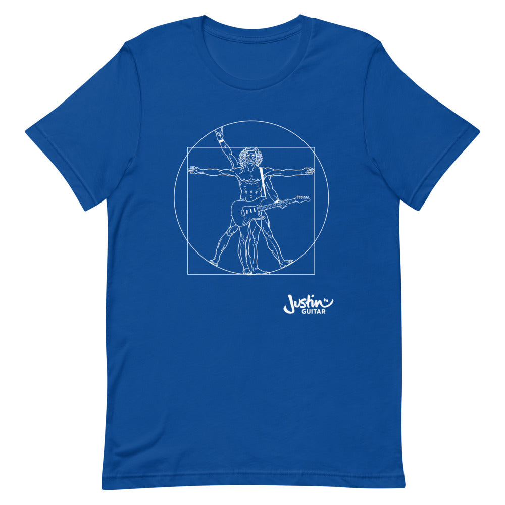 Royal blue T-Shirt with a design of Da Vinci playing the electric guitar.