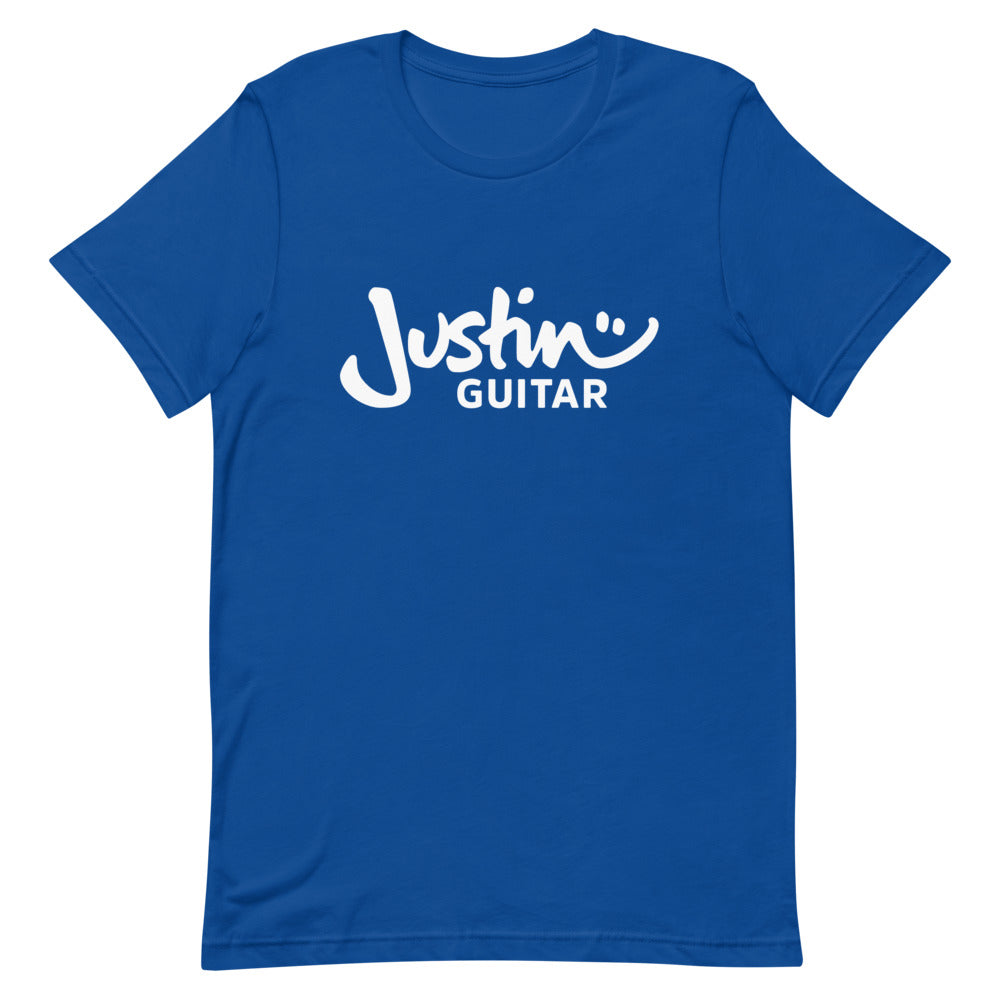 Royal blue tshirt with justinguitar logo.